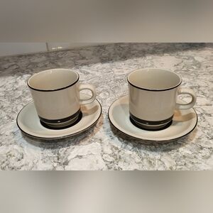 Set of 2 Vtg Sears Berry Band Cup & Saucers Stoneware Black Tan 70s Japan Retro